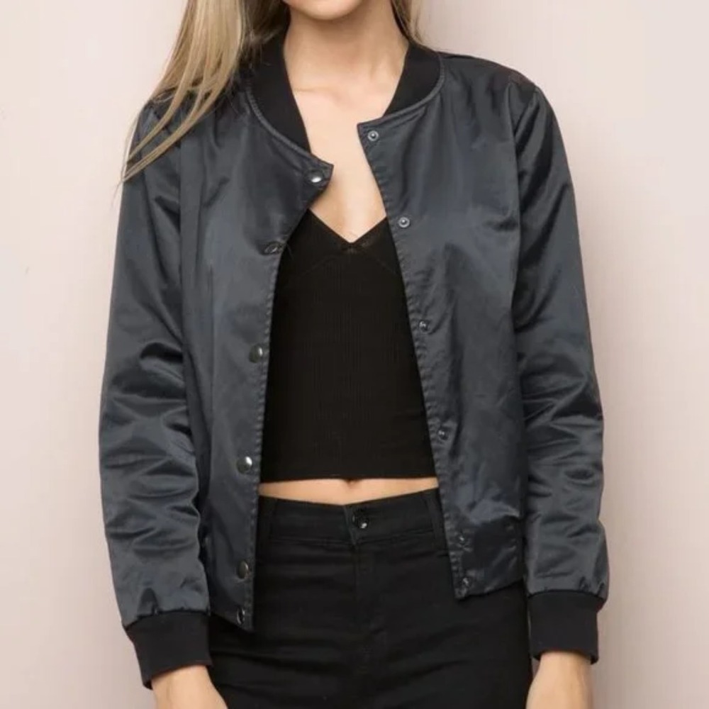 Brandy Melville | Lightweight Snap Button Bomber Jacket in Black One Size
